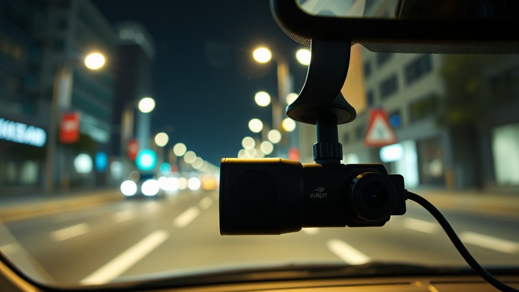 어두운 야간 도심을 주행하는 차량의 대시보드에 설치되어 선명하게 녹화 중인 블랙박스 화면